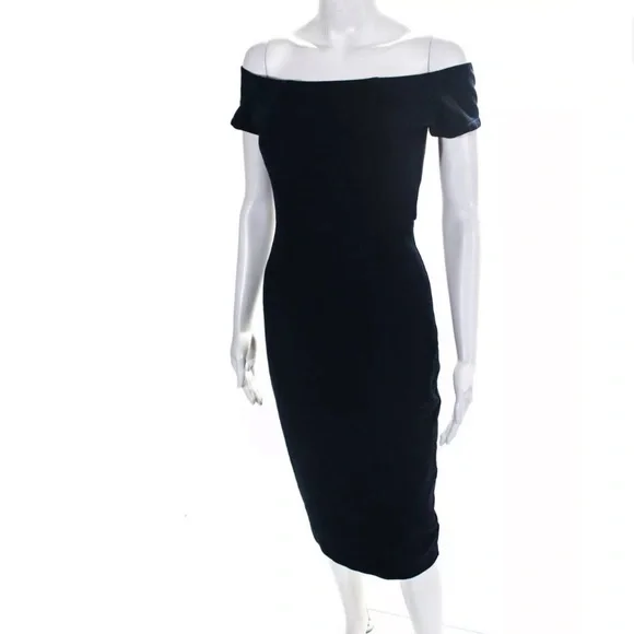 Trina Turk indigo sheath off shoulder stretchy shirt sleeve midi dress size 0 - Picture 6 of 8